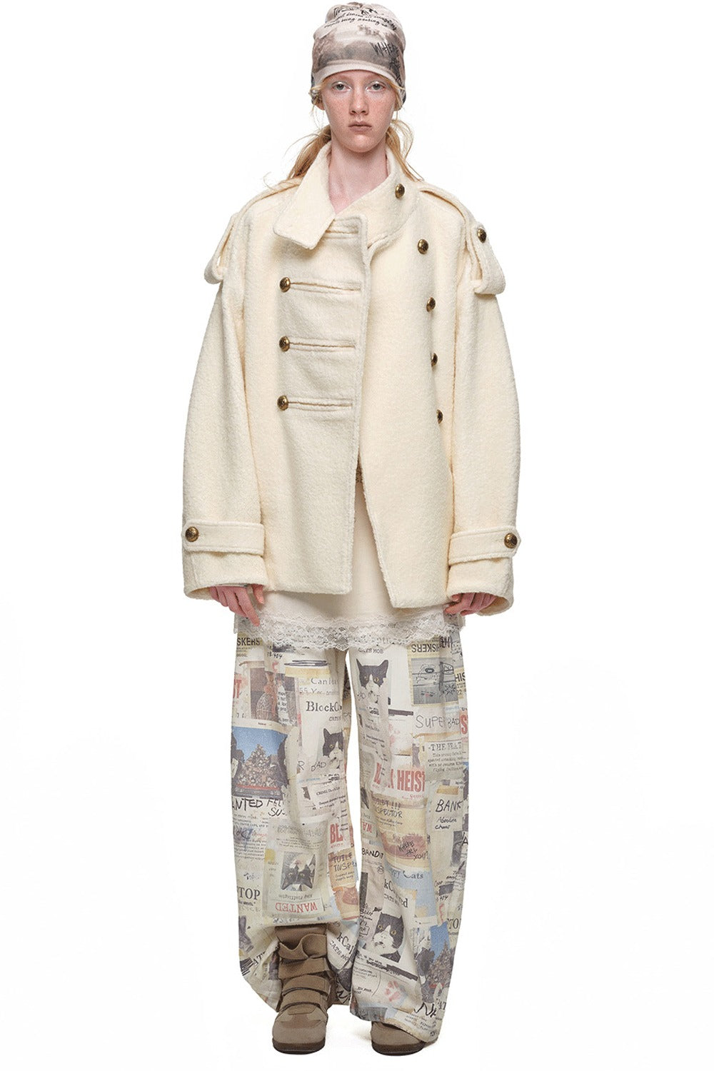 Double-Breasted Lace-Up Tweed Coat