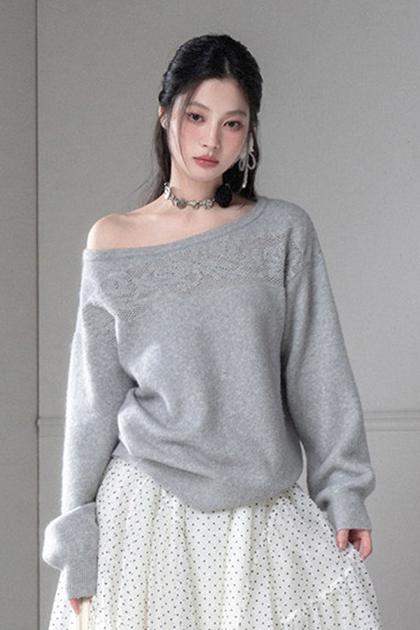 Off-Shoulder Hollow Jacquard Wool Sweater