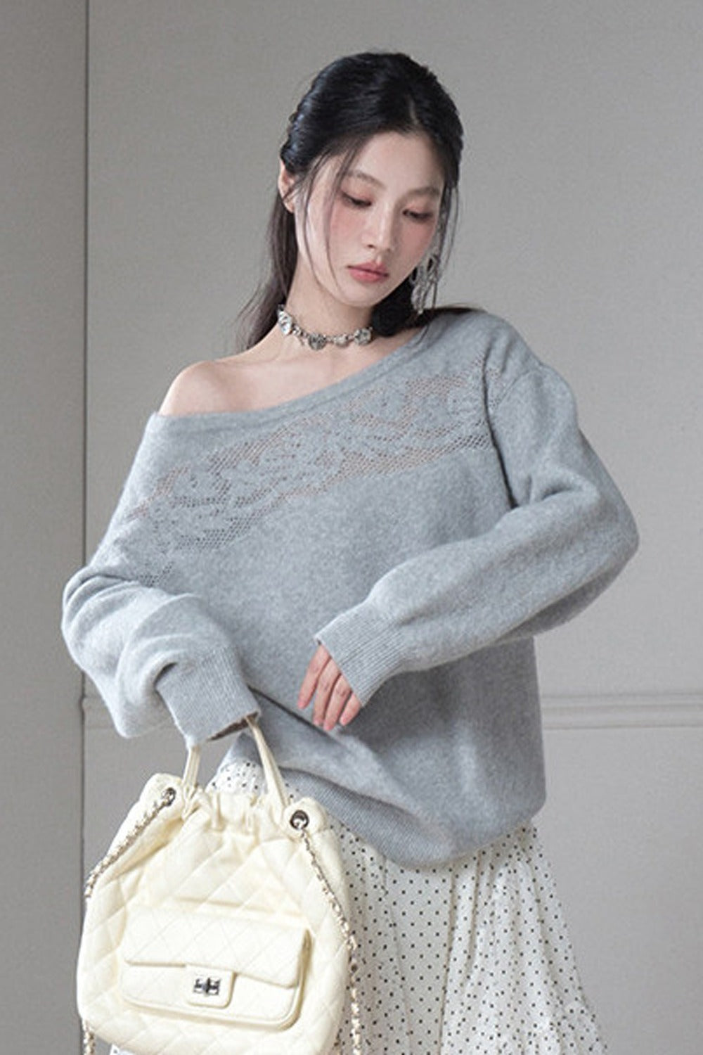 Off-Shoulder Hollow Jacquard Wool Sweater