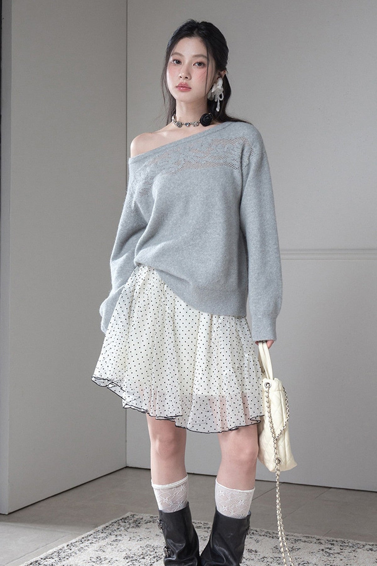 Off-Shoulder Hollow Jacquard Wool Sweater