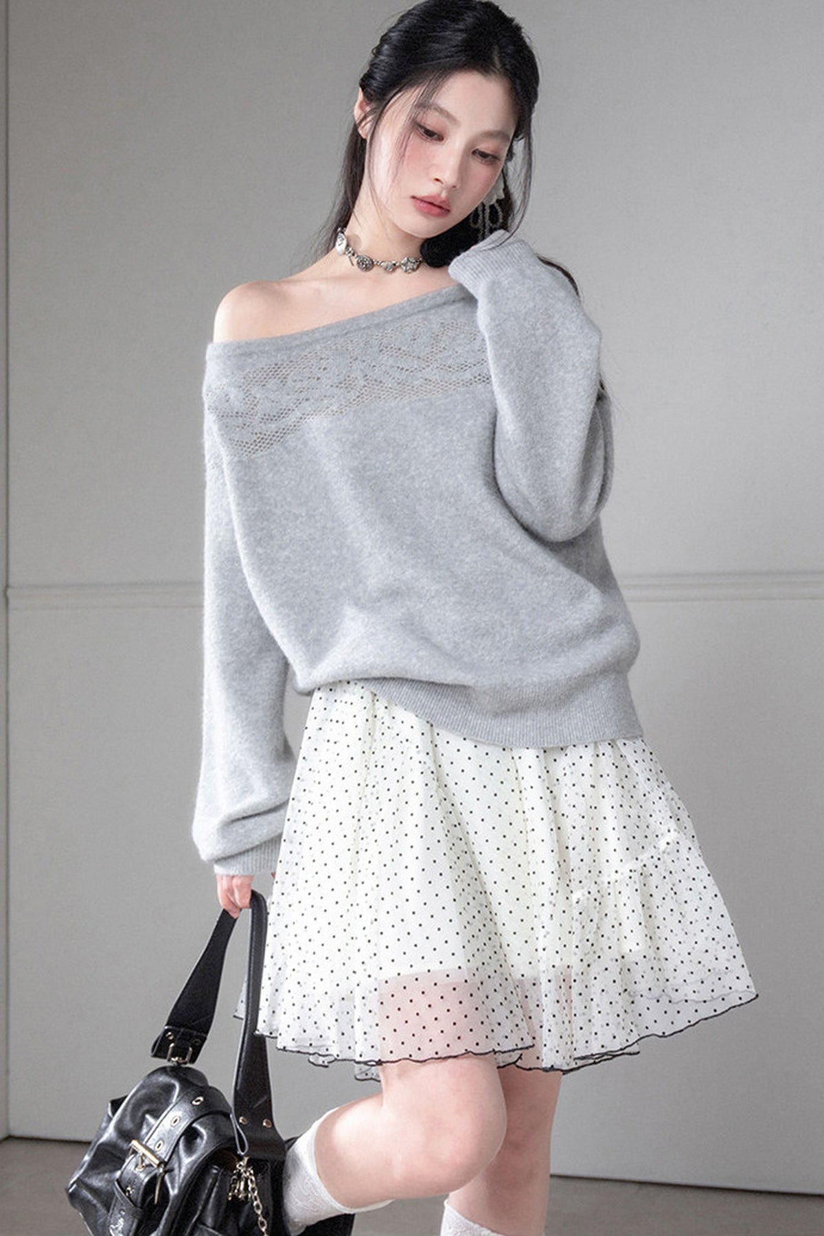 Off-Shoulder Hollow Jacquard Wool Sweater