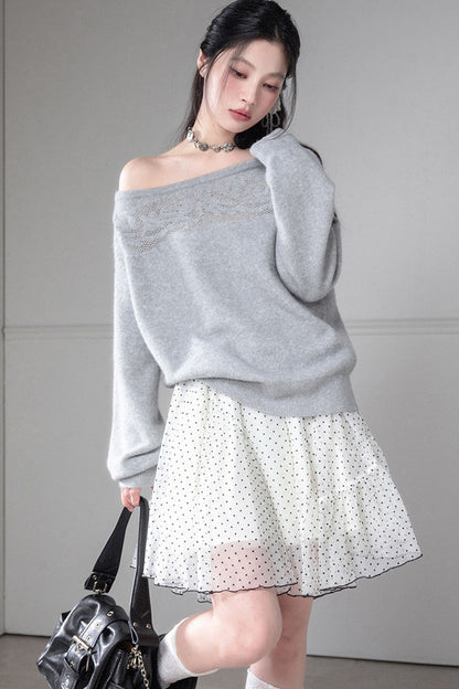Off-Shoulder Hollow Jacquard Wool Sweater