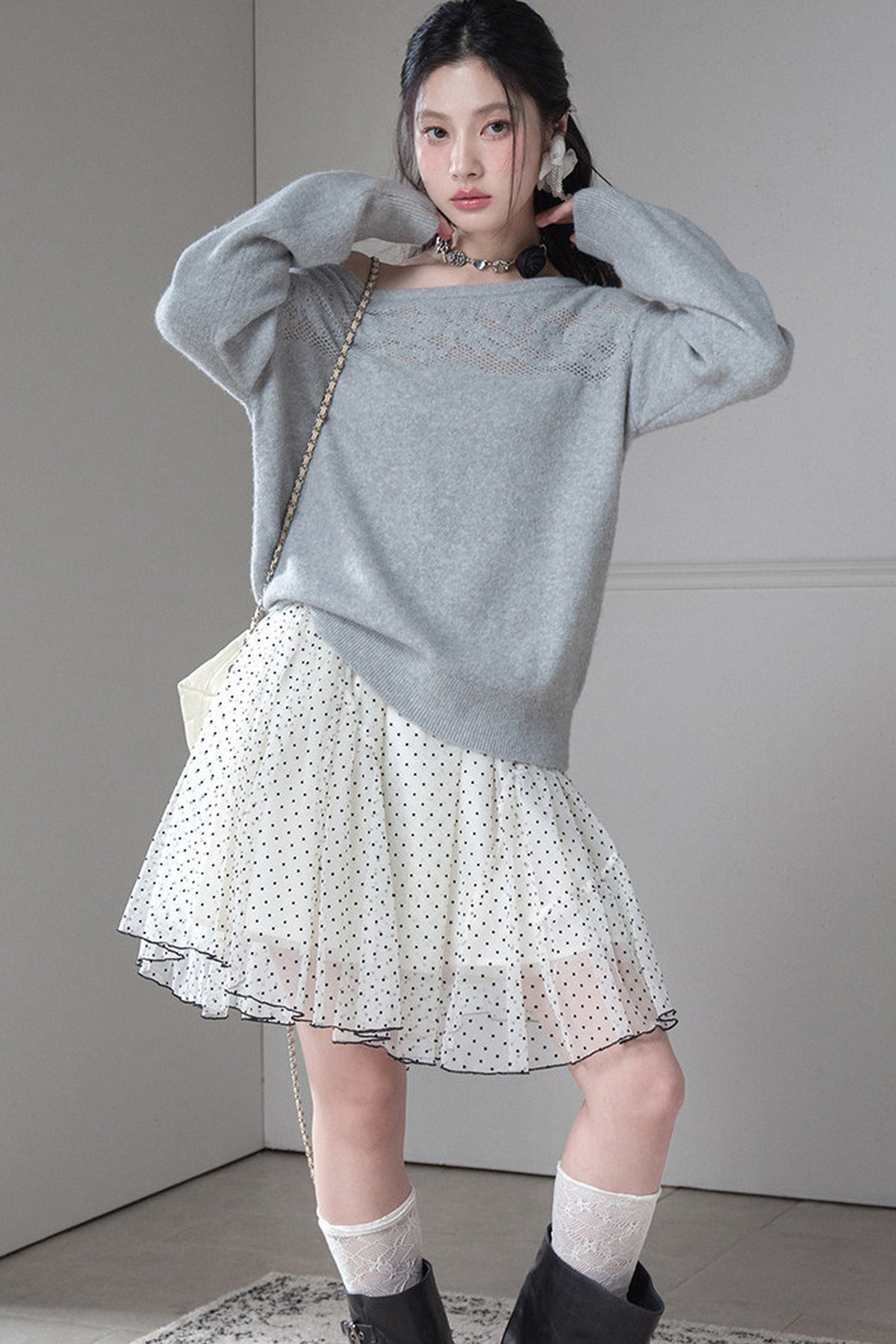 Off-Shoulder Hollow Jacquard Wool Sweater