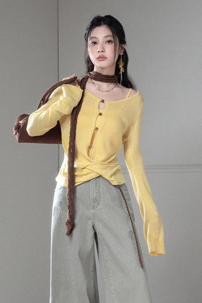 Bright Yellow Knot Sweater and Camisole Set