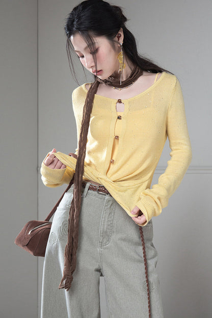 Bright Yellow Knot Sweater and Camisole Set