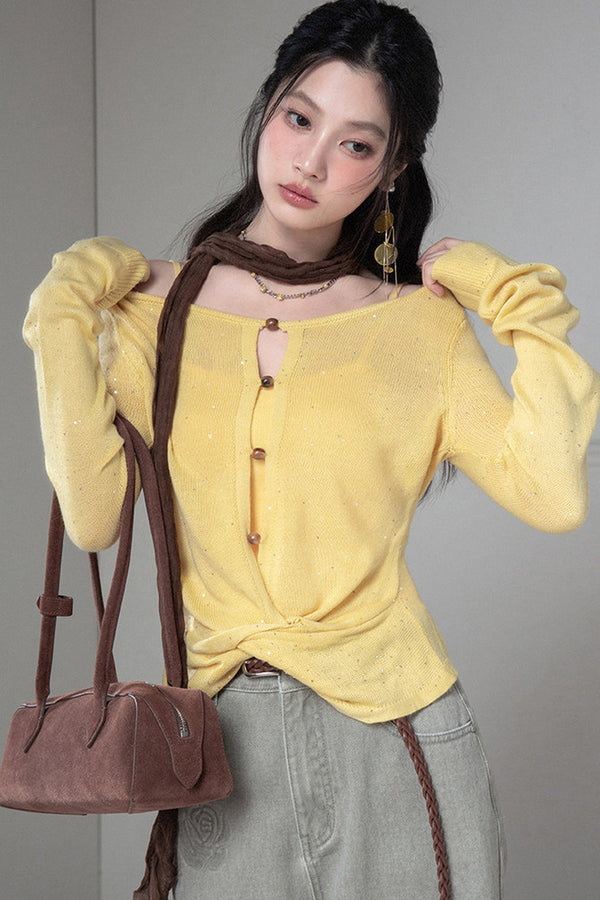 Bright Yellow Knot Sweater and Camisole Set