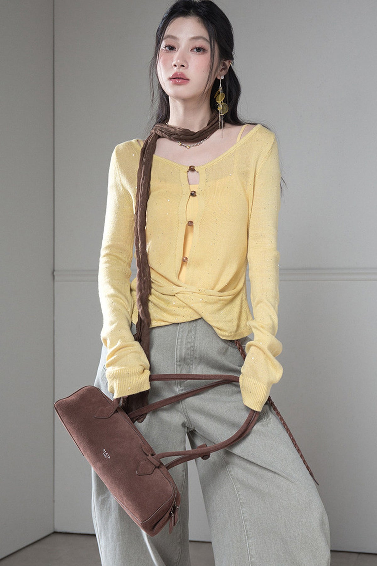 Bright Yellow Knot Sweater and Camisole Set