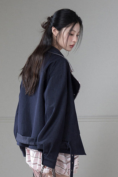 Night Ink Blue Double-Breasted Plaid Jacket