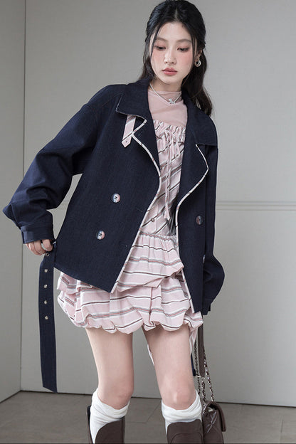 Night Ink Blue Double-Breasted Plaid Jacket