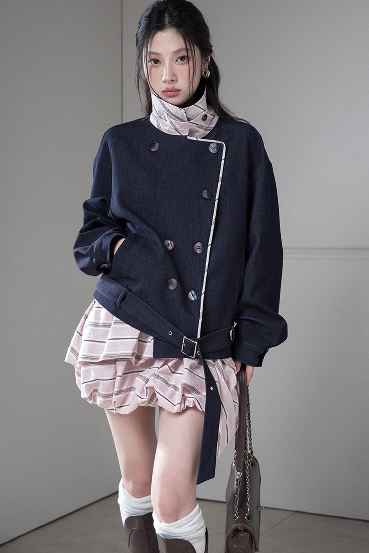Night Ink Blue Double-Breasted Plaid Jacket