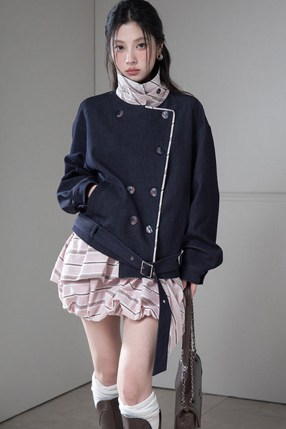Night Ink Blue Double-Breasted Plaid Jacket