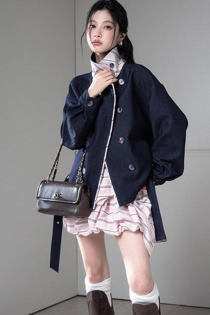 Night Ink Blue Double-Breasted Plaid Jacket