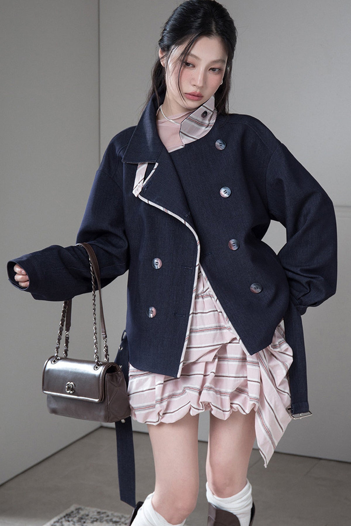 Night Ink Blue Double-Breasted Plaid Jacket
