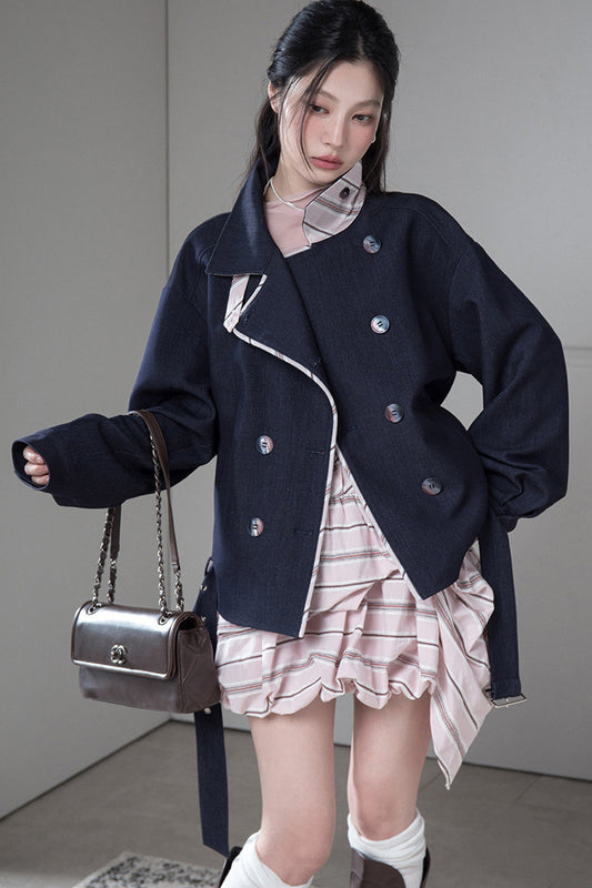 Night Ink Blue Double-Breasted Plaid Jacket