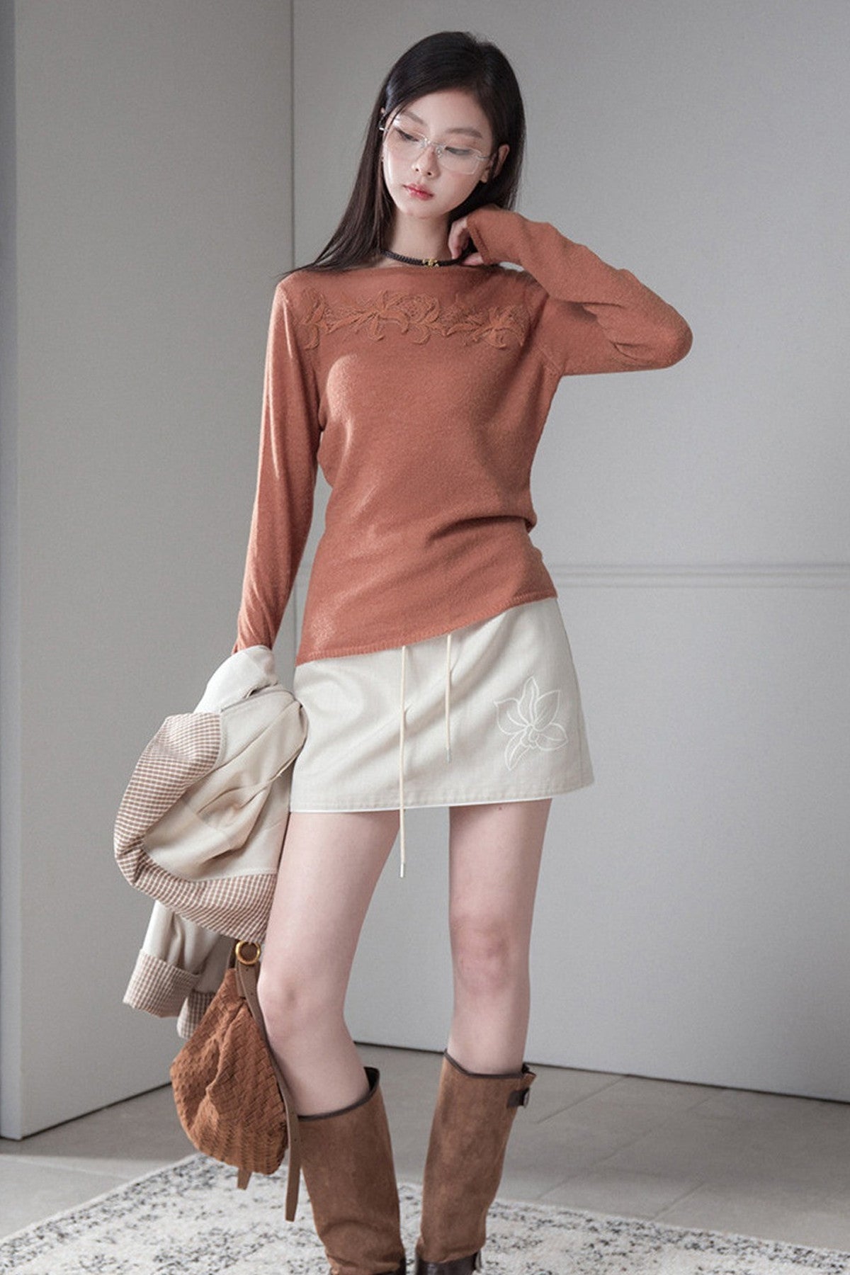 Pumpkin Orange Brown Lace Patchwork Knit Top
