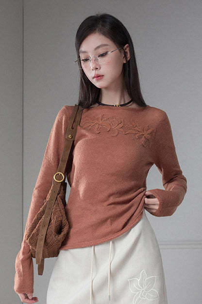 Pumpkin Orange Brown Lace Patchwork Knit Top