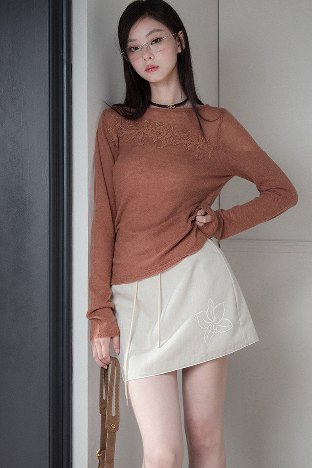 Pumpkin Orange Brown Lace Patchwork Knit Top