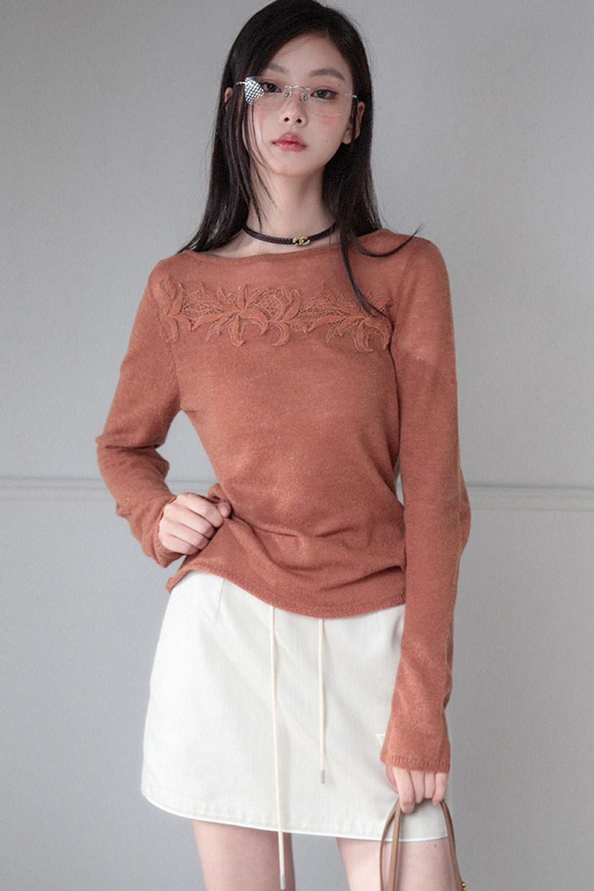 Pumpkin Orange Brown Lace Patchwork Knit Top