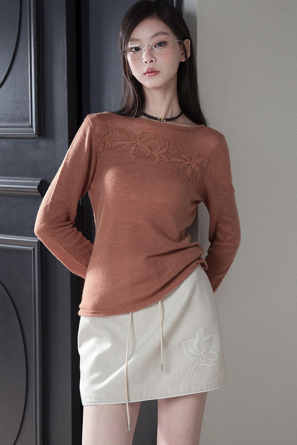Pumpkin Orange Brown Lace Patchwork Knit Top