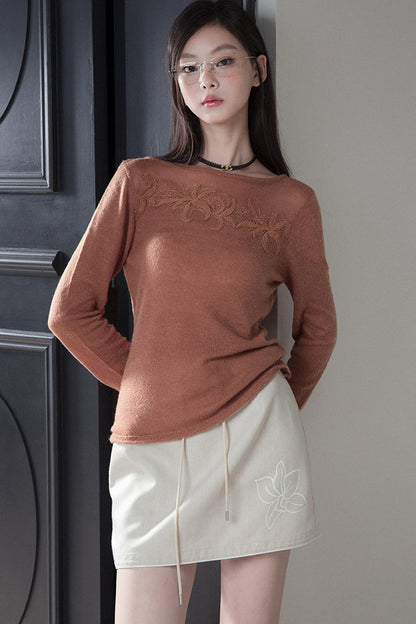 Pumpkin Orange Brown Lace Patchwork Knit Top
