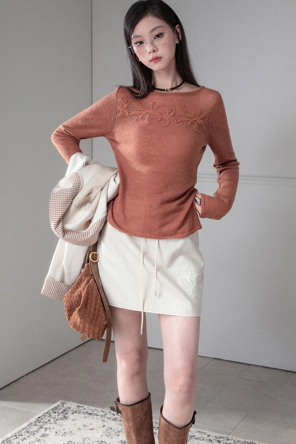 Pumpkin Orange Brown Lace Patchwork Knit Top
