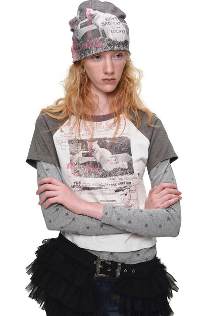 Cat Print Long-Sleeve Raglan T-shirt