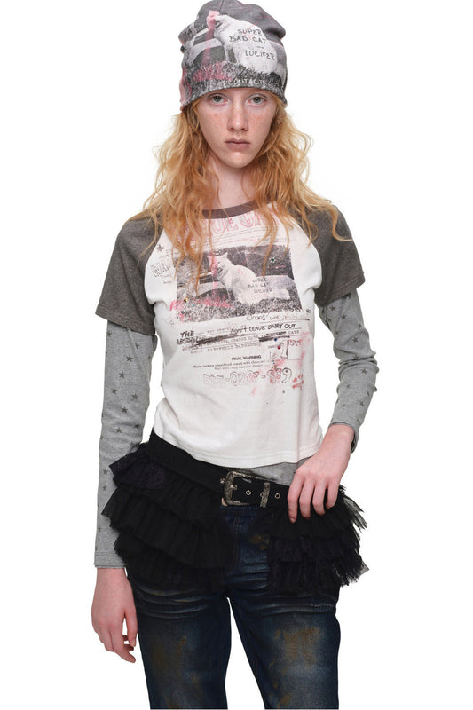 Cat Print Long-Sleeve Raglan T-shirt
