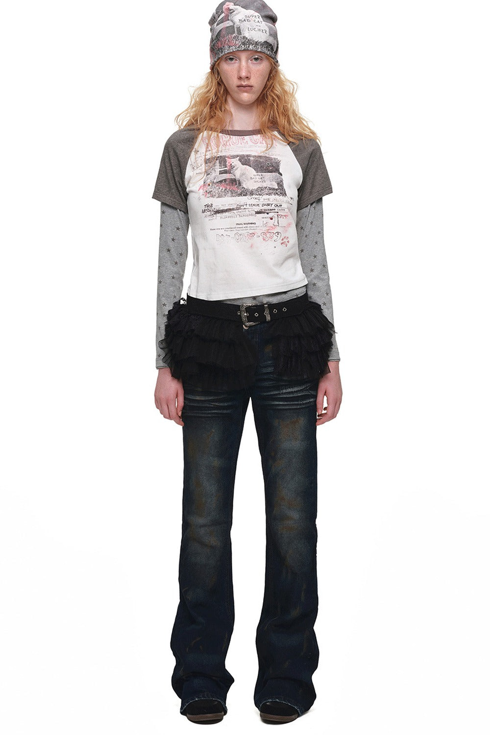 Cat Print Long-Sleeve Raglan T-shirt