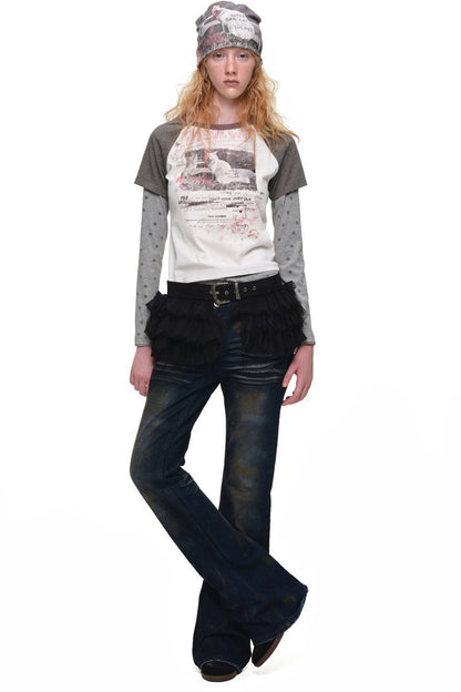 Cat Print Long-Sleeve Raglan T-shirt