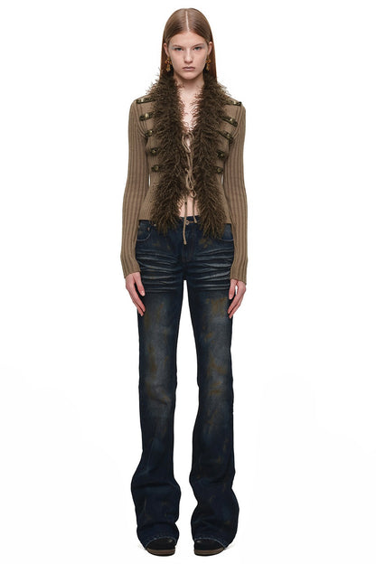 Napoleon Collar Patchwork Ribbed Wool Top