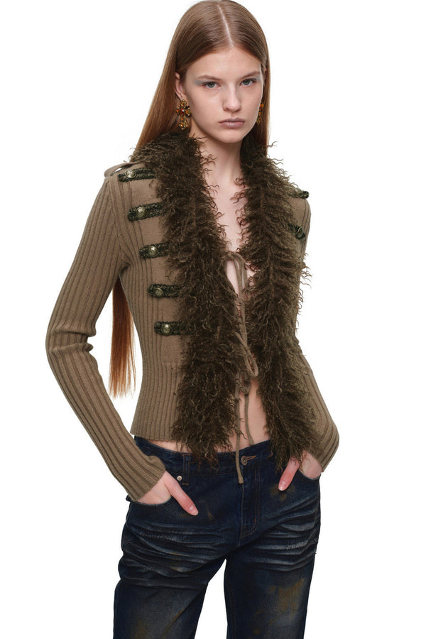 Napoleon Collar Patchwork Ribbed Wool Top