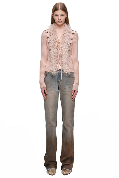Napoleon Collar Patchwork Ribbed Wool Top
