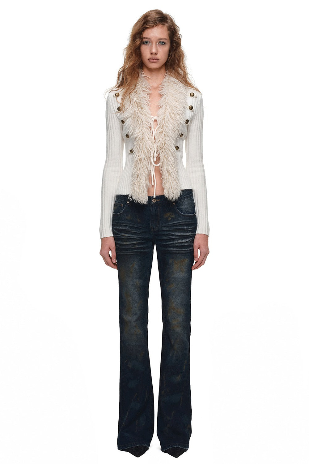 Napoleon Collar Patchwork Ribbed Wool Top