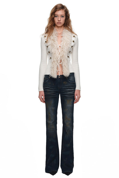 Napoleon Collar Patchwork Ribbed Wool Top
