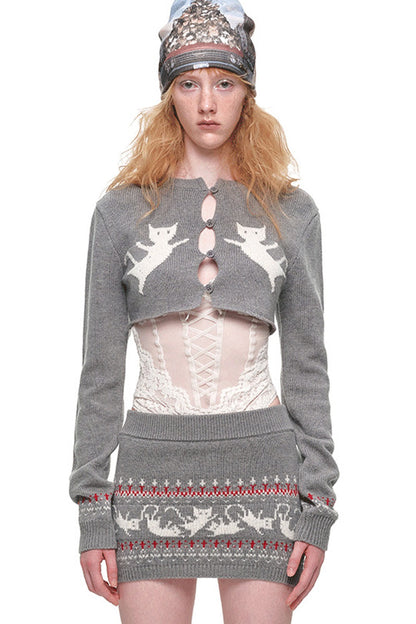 Fair-Isle-Jacquard-Set aus Katzen-Pullover, Strickjacke und Rock