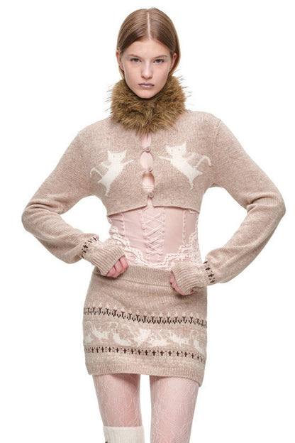 Fair-Isle-Jacquard-Set aus Katzen-Pullover, Strickjacke und Rock