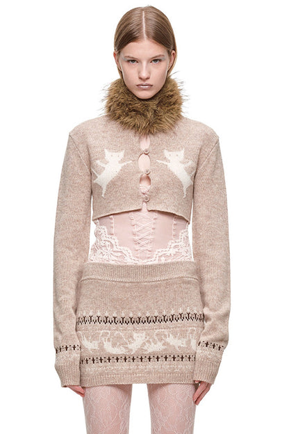 Fair-Isle-Jacquard-Set aus Katzen-Pullover, Strickjacke und Rock
