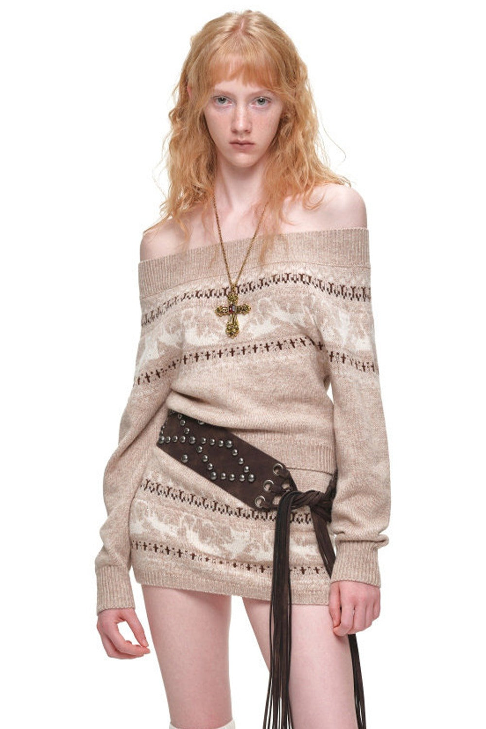 Fair-Isle-Jacquard-Set aus Katzen-Pullover, Strickjacke und Rock