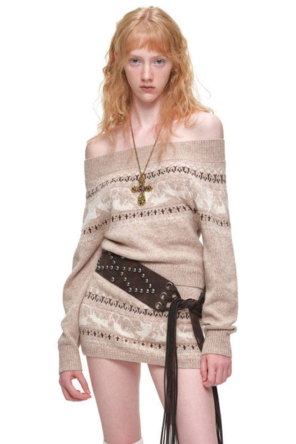 Fair-Isle-Jacquard-Set aus Katzen-Pullover, Strickjacke und Rock