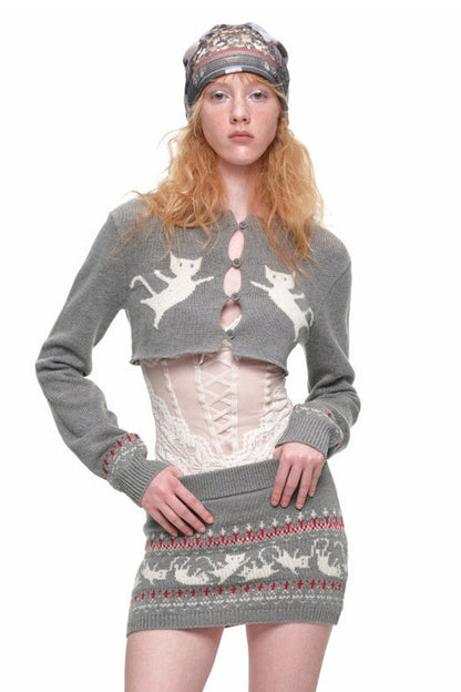 Fair-Isle-Jacquard-Set aus Katzen-Pullover, Strickjacke und Rock