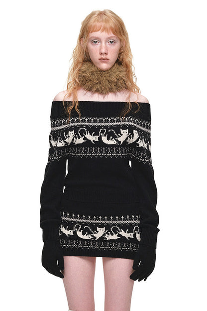 Fair-Isle-Jacquard-Set aus Katzen-Pullover, Strickjacke und Rock