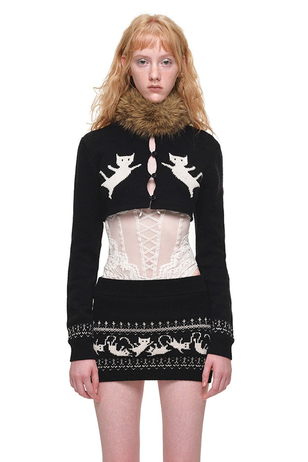 Fair-Isle-Jacquard-Set aus Katzen-Pullover, Strickjacke und Rock
