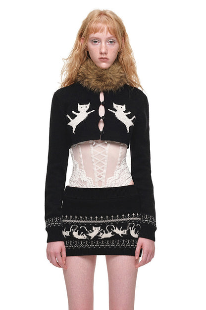 Fair-Isle-Jacquard-Set aus Katzen-Pullover, Strickjacke und Rock