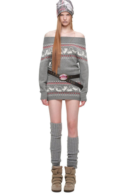 Fair-Isle-Jacquard-Set aus Katzen-Pullover, Strickjacke und Rock