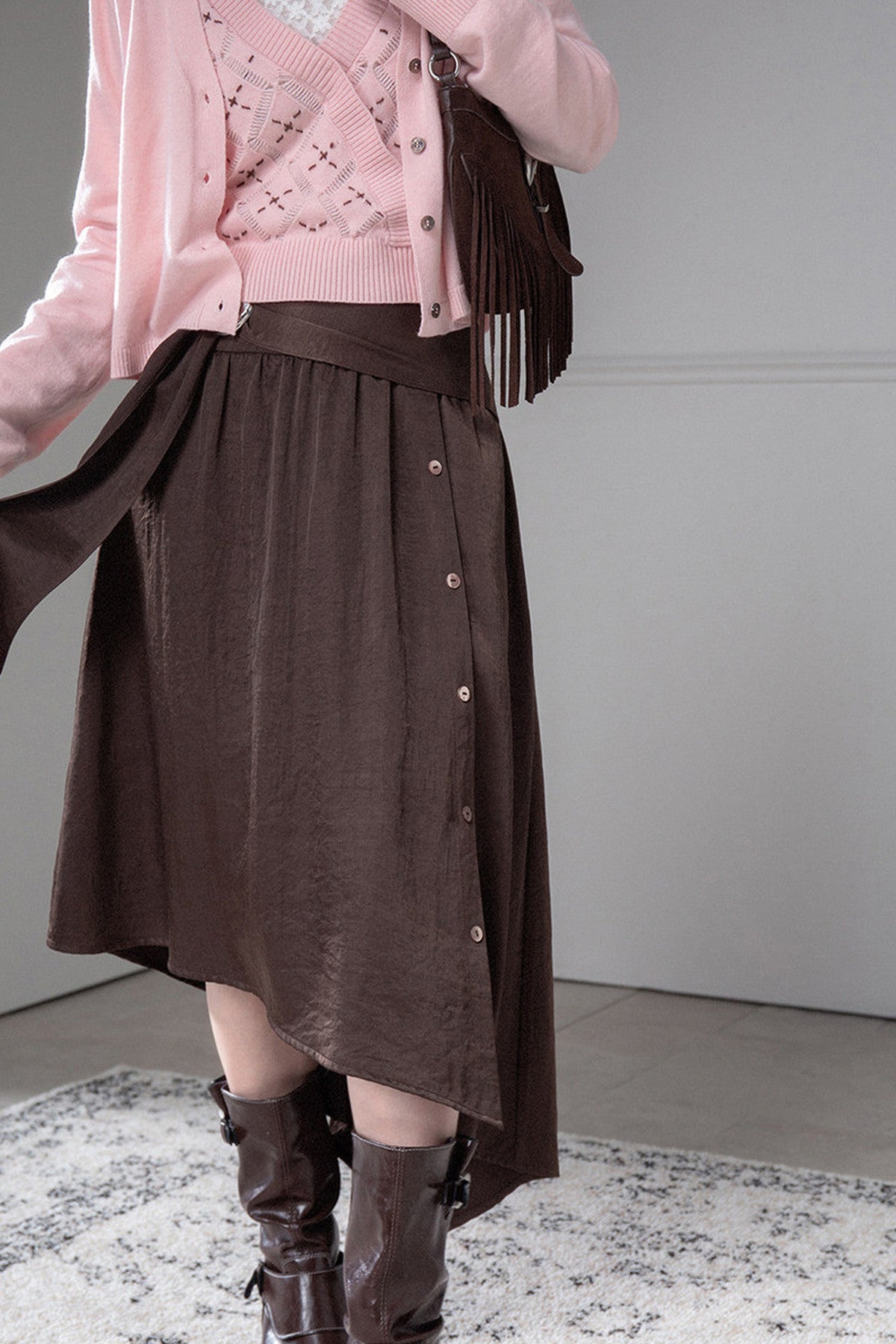 Satin Irregular Slit Hem Skirt
