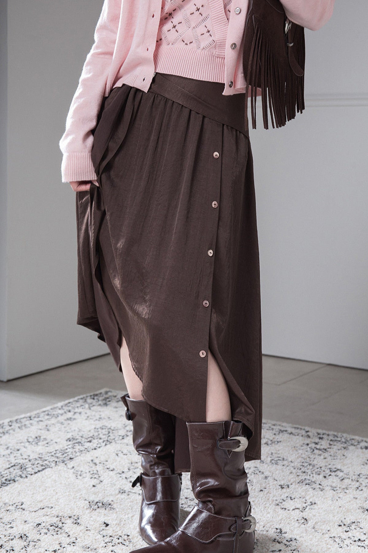 Satin Irregular Slit Hem Skirt