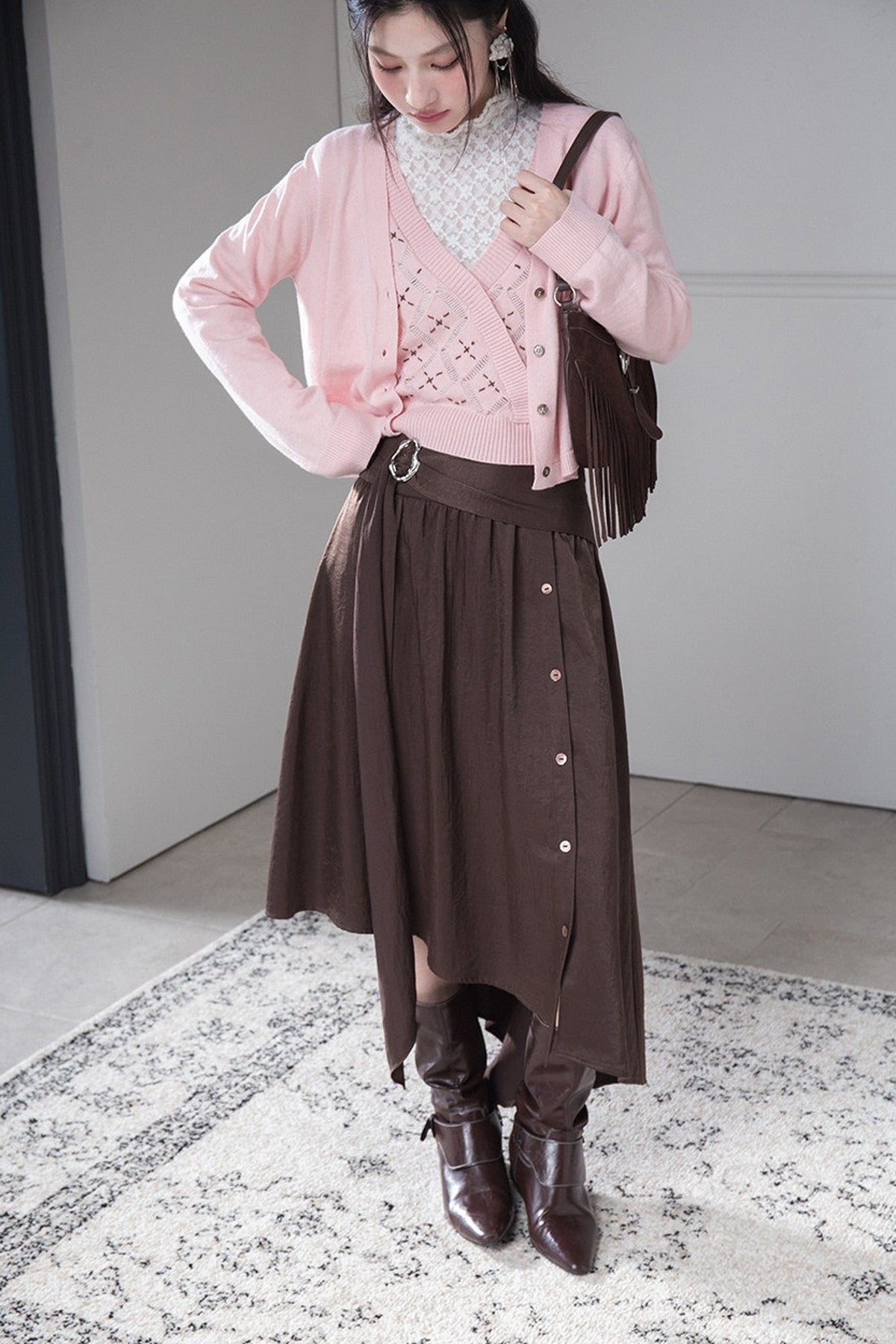 Satin Irregular Slit Hem Skirt