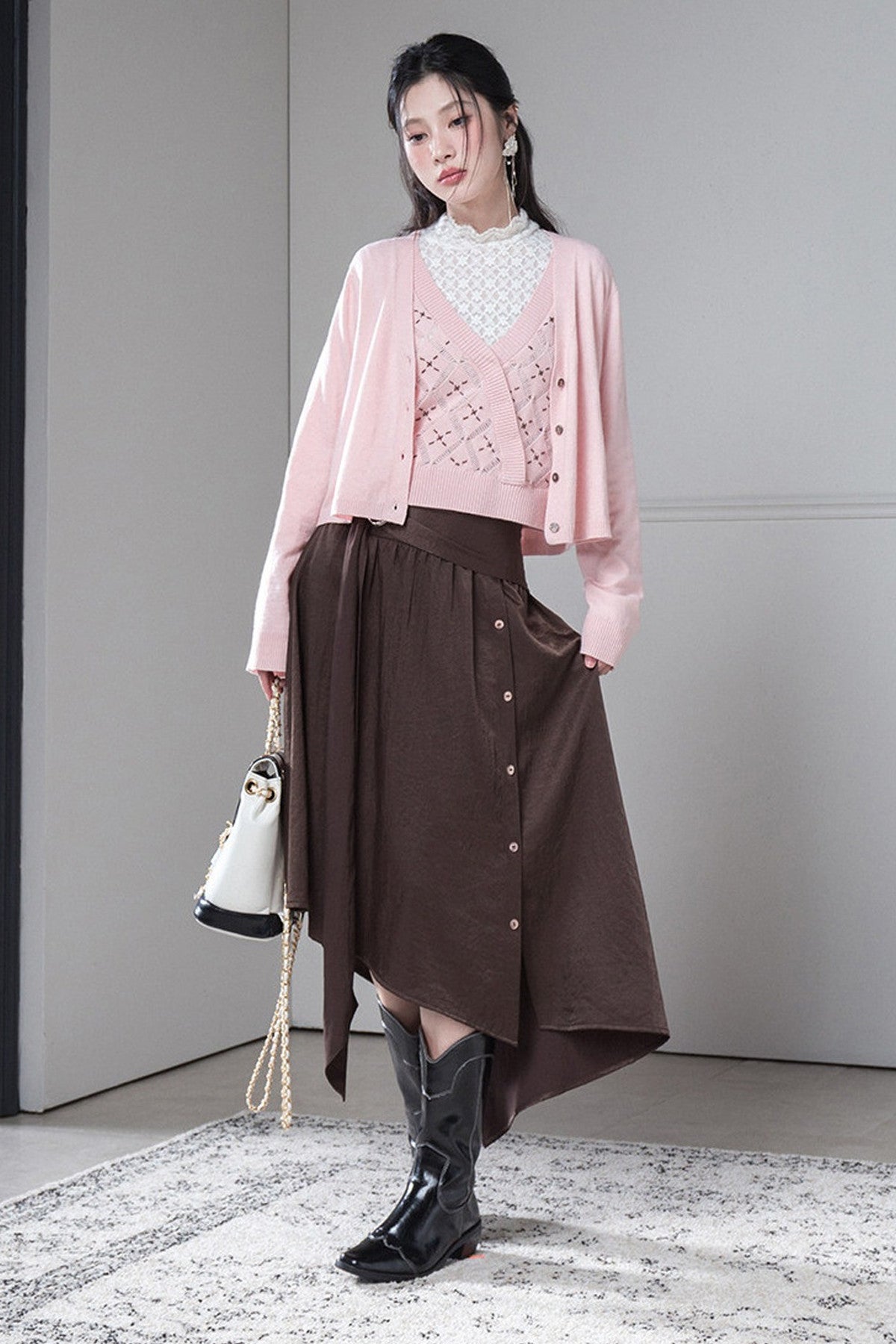 Satin Irregular Slit Hem Skirt