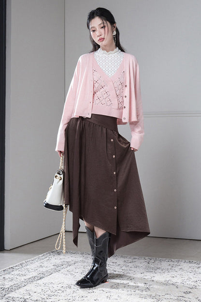 Satin Irregular Slit Hem Skirt