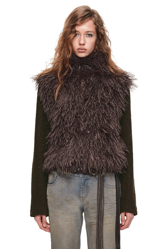 Spliced Sheepskin Fur Belted Short Jacket